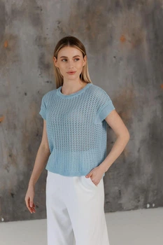 Женская вязаная футболка сетка ART KNIT голубая, S-M 044864