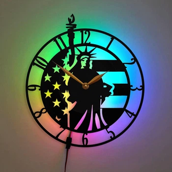 Годинник American Flag з LED-підсвіткою, декор з американським прапором, настінний годинник зі Статуєю Свободи, годинник у патріотичному стилі