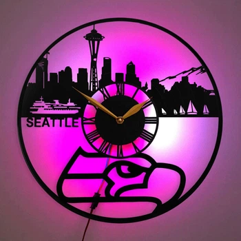 Настенные часы Seattle Seahawks Сиэтл Сихокс с LED-подсветкой NFL американский футбол силуэт города Сиэтл спортивный декор