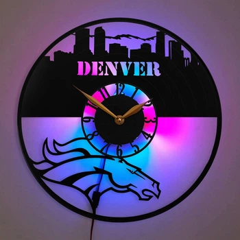 Настенные часы Denver Broncos Денвер Бронкос с LED-подсветкой NFL американский футбол силуэт города Денвер спортивный декор