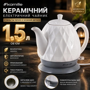 Электрический керамический чайник Kamille KM-1727 1.5 л, белый / Электрочайник для кухни