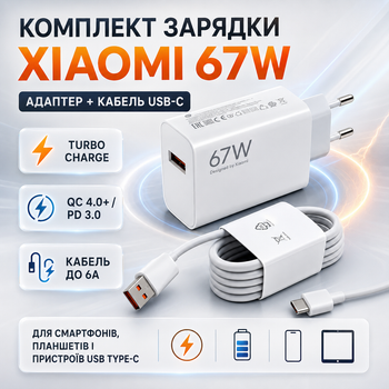 Быстрая зарядка Xiaomi 67W комплект адаптер USB-A и кабель Type-C 1 м для Xiaomi Redmi POCO Samsung Huawei Pixel