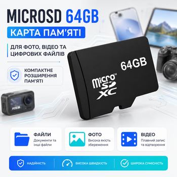 Карта памяти microSD 64GB универсальная, быстрое сохранение данных для смартфонов, камер и регистраторов
