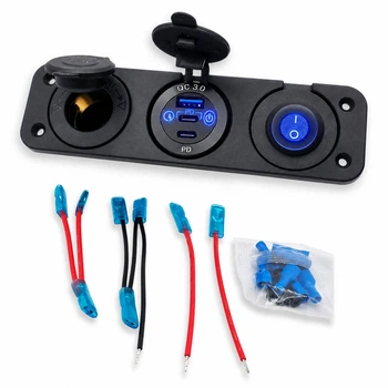 Автомобільний зарядний пристрій 1USB + 2Type-C, подвійна розетка прикурювача 12V/24V, панель з кнопкою та синьою підсвіткою (00781)