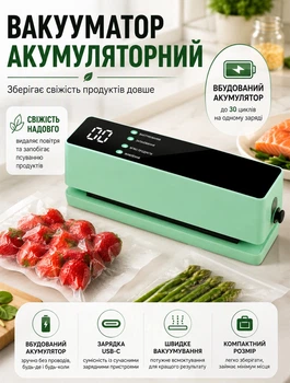 Вакууматор для продуктов аккумуляторный портативный упаковщик для мяса овощей и фруктов беспроводной USB 60 кПа с пакетами