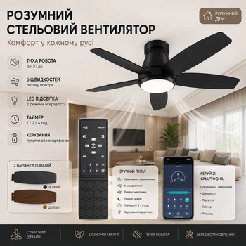 Современная, Двухсторонняя потолочная люстра-вентилятор 42" (107 см) с LED-подсветкой, Wi-Fi и пультом, 6 скоростей, реверс, двусторонние лопасти черный/дерево