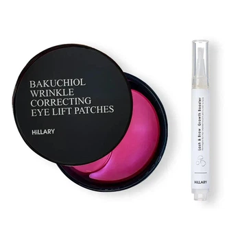 Набор Hillary для ухода за зоной вокруг глаз: Разглаживающие патчи Hillary Bacuchiol Wrinkle Correcting & Eye Lift Patches, 60 шт + Бустер-сыворотка для роста ресниц и бровей Hillary Lash&Brow Growth Booster, 3 мл