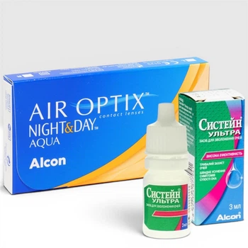 Комплект контактные линзы для зрения гидрогелевые Air Optix Night&Day Aqua +Увлажняющие капли для глаз Systane Ultra 3 мл срок до 11.2026 -4.5