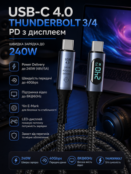 Кабель USB-C 4.0 Thunderbolt 3/4 PD с дисплеем, быстрая зарядка до 240W, поддержка 8K 60Hz, скорость передачи данных до 40Gbps (с чипом E-Mark)