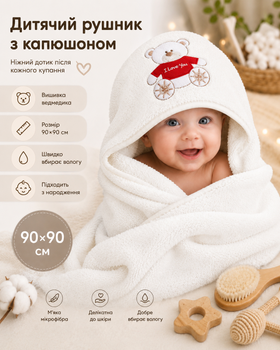 Рушник куточок для новонароджених дитячий банний з капюшоном для купання немовлят малюків мікрофібра 90х90 см після купання малюка хлопчика дівчинки м'який гіпоалергенний водопоглинаючий швидковисихаючий теплий у пологовий будинок для ванної ванни білий