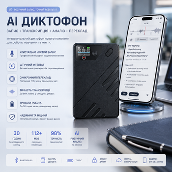 AI Диктофон E EAZEYAI 64GB — Транскрипция 112 языков, Умное резюме (ChatGPT), Синхронный перевод, Шумоподавление, USB-C