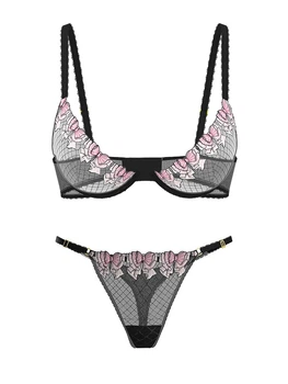 Полупрозрачный комплект белья с вышивкой Victoria's Secret бюстгальтер и трусики тонг 1159863709 (Черный 34C/M)