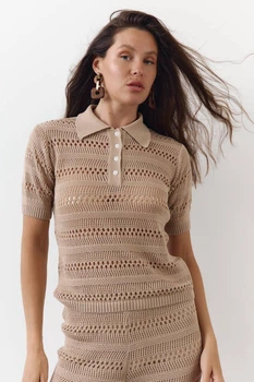 Женская бежевая футболка поло из вязаного трикотажа Santorini Knit Polo LiLove 445 M