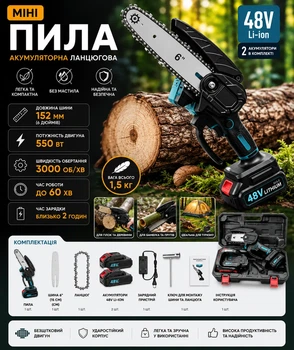 Акумуляторна ланцюгова пила 48V 6 дюймів (15 см), безщіткова електропила