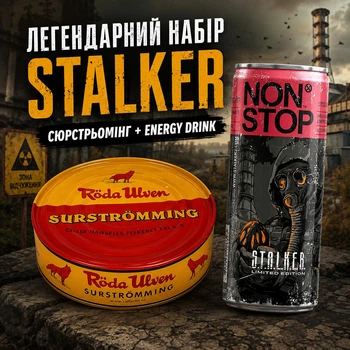 Набор Артефакт Сталкера STALKER SURSTRÖMMING — сюрстрёмминг Röda Ulven + энергетик NON STOP STALKER, Сюрстремминг Surströmming Röda Ulven 400г банка (ферментированная сельдь Surstromming сюрстреминг)