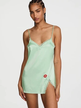 Жіночий сатиновий пеньюар Victoria's Secret Tease Satin Lace-Trim Mini Slip Dress Green, XS Ментоловий
