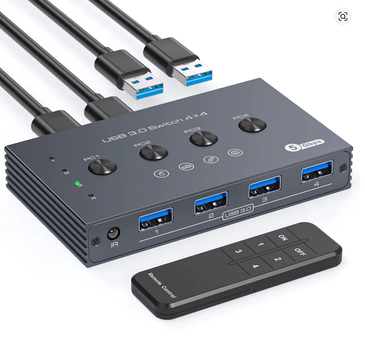 USB 3.0 Switch 4x4 для 4 компьютеров и 4 USB устройств, KVM переключатель 5Gbps с пультом, для принтера, мыши, клавиатуры