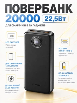 Повербанк 20000 mAh 22.5W Foneng PX102 з LED дисплеєм і швидким заряджанням PD/QC USB-C порт універсальний потужний портативний повер банк 20 000 power bank павербанк для телефона iPhone Samsung роутера планшета чорний