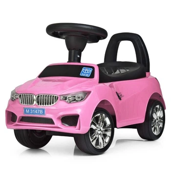 Детская машинка в стиле БМВ каталка толокар Bambi Racer с музыкальным рулем и подсветкой фар розовая для девочки (M 3147B-8)
