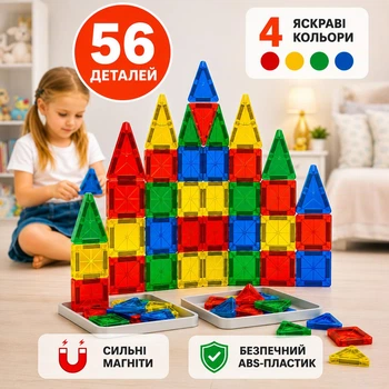 Магнитный конструктор детский 3D, набор 56 деталей, развивающая игрушка в металлическом боксе