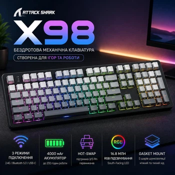 Геймерская полноразмерная механическая клавиатура ATTACK SHARK X98 Black Gradient 99 клавиш Hot-Swap Linear Strawberry Switch RGB Bluetooth 2.4G USB Type-C