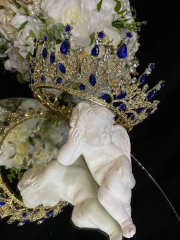 Корона з синім камінням Swarovski Золото 12.5х8 см Прикраса для волосся з камінням Золотиста корона на голову
