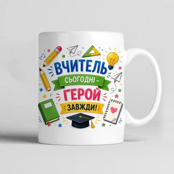 Чашка керамічна біла 330 мл з принтом "Вчитель сьогодні - герой завжди!" на подарунок вчителю