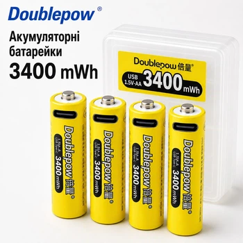 Аккумуляторные батарейки с USB зарядкой ( комплект 4 шт.) Doublepow Li-Ion AA 1.5V 3400 mAh