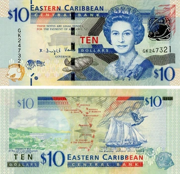 Банкнота Східні Кариби 10 доларів 2015 UNC (P52b) Риби, Черепаха, Птах, Вітрильник