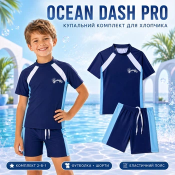 Купальный комплект детский для мальчика 2-в-1 футболка и шорты UPF 50+ OCEAN DASH PRO темно-сине-голубой, размер XL, рост 110–120 см