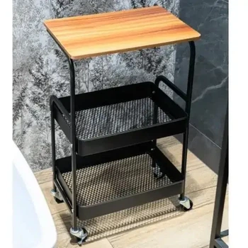 Етажерка на колесах 3 яруси 43×30×77 см чорна M50287-BL, металева тележка-органайзер з полицями та стільницею під дерево