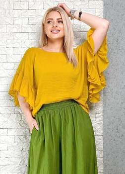 Блуза батистова прямого крою з воланами гірчична New Collection S-L 11-109
