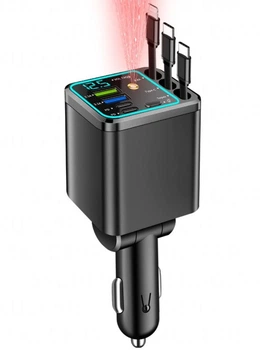 Автомобільний зарядний пристрій 7-в-1 з висувними кабелями USB/Type-C, LED-дисплеєм та проєктором зоряного неба, чорний