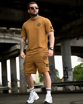 Летний комплект Stone Island LINER коричневый мужской футболка и шорты трикотаж пенье L