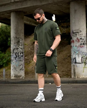 Летний комплект Stone Island LINER зеленый мужской футболка и шорты трикотаж пенье S