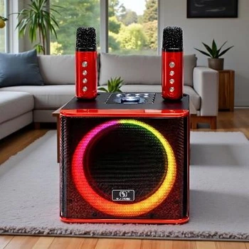 Портативная Bluetooth колонка караоке с 2 радиомикрофонами, RGB подсветкой, FM-приемником, USB и аккумулятором 3600 мАч, беспроводная акустическая система Красная (9О3-SY)