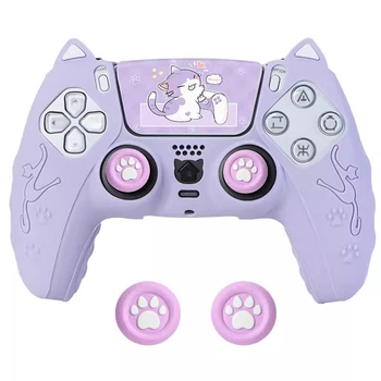 Силиконовый чехол с накладками и наклейкой для геймпада PS5 DualSense «Cat purple» с ушками