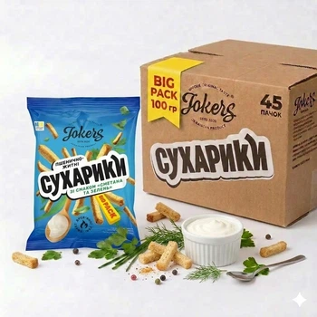 Ящик сухариків пшенично-житніх 45 уп Сметана та зелень Big pack Jokers м/у 100г