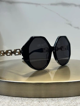Солнцезащитные очки Versace MOD 4395 534587 - большие черные с золотом, линза Grey, орнамент Greca, женские,