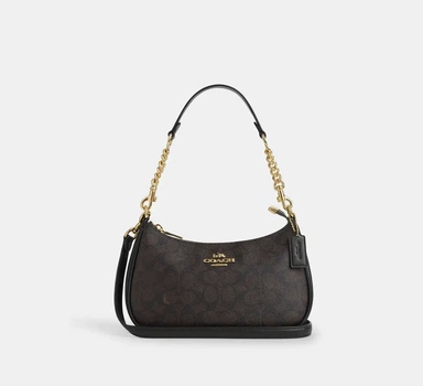 Элегантная женская сумка Coach Signature Canvas Shoulder Bag (Коричневая/Черная), через плечо полумесяцем