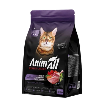 Повнораціонний сухий корм AnimAll для дорослих котів, зі свіжою індичкою та качкою, 0.4 кг (5902706511666)