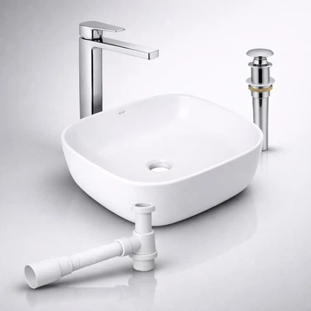 Комплект Qtap Kolibri 400×400 White: накладная раковина + смеситель Gemini Chrome + донный клапан PU02 + сифон