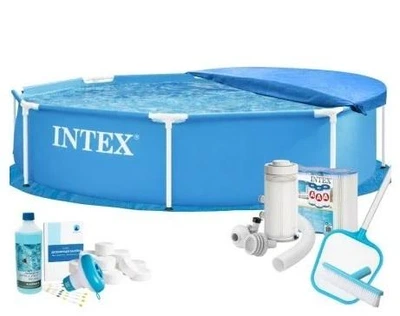Басейн каркасний MaxPro Intex 28205-9в1 синій 244 х 51 см з ПВХ на 1828 л круглий з підстилкою фільтром 2006 л/год картриджами альгеніксом хлором у таблетках сачком щіткою та тентом (9-163-28205-9 MaxPro)