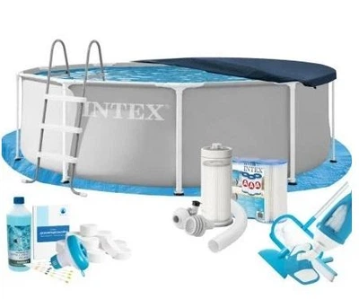Бассейн каркасный Intex MaxPro 26706-10в1 серый круглый из ПВХ и стали на 6500 л с подстилкой стремянкой фильтром 3785 л/ч картриджами альгениксом хлором в таблетках тентом сачком и пылесосом 305 х 99 см (9-163-26706-10 MaxPro)
