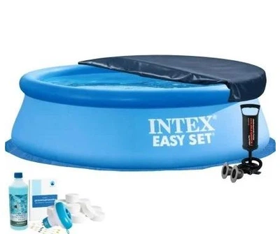 Бассейн надувной Intex 28110-6в1 синий 244 х 76 см круглый из ПВХ на 2419 л с подстилкой насосом альгениксом хлором в таблетках и тентом (9-163-28110-6)