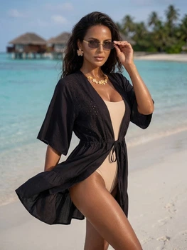 Жіноча пляжна туніка Onyx зі штапелю декорована прошвою чорна 42-44 (S/M)