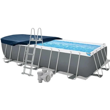Каркасный бассейн Bestway 5612B-4в1 серый прямоугольный из ПВХ и стали 640 х 274 х 132 см на 19281 л с лестницей тентом и подстилкой (9-163-5612B-4)