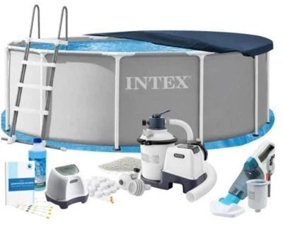 Бассейн каркасный Intex Max 26718FR-11в1 серый круглый из ПВХ и стали на 10685 л с подстилкой стремянкой фильтром 3500 л/ч песком альгениксом хлоргенератором 4 г/ч солью тентом скиммером аккумуляторным и пылесосом 366 х 122 см (9-163-26718FR-11)