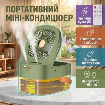 Портативный настольный мини-кондиционер 3 в 1, увлажнитель воздуха и вентилятор-охладитель с пультом ДУ и подсветкой-ночником от USB Зеленый