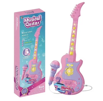 Є пошкодження.Дитяча музична гітара з мікрофоном Musical Guitar Melody, світло та звук, рожева, від 3 років